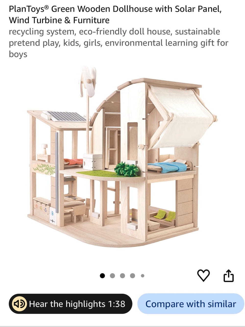 PlanToys Green Wooden Dollhouse with Solar Panel & Wind Turbine